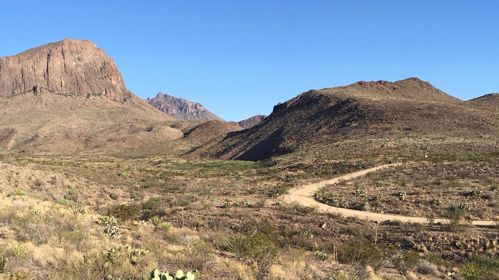 Glenn Springs Road curves into desert mountain scenery in Big Bend National Park