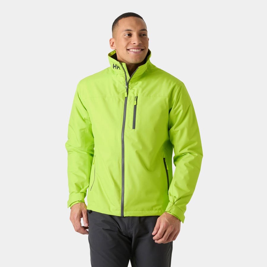 A model wearing the Helly Hansen men's Crew Midlayer Jacket 2.0 in bright green.