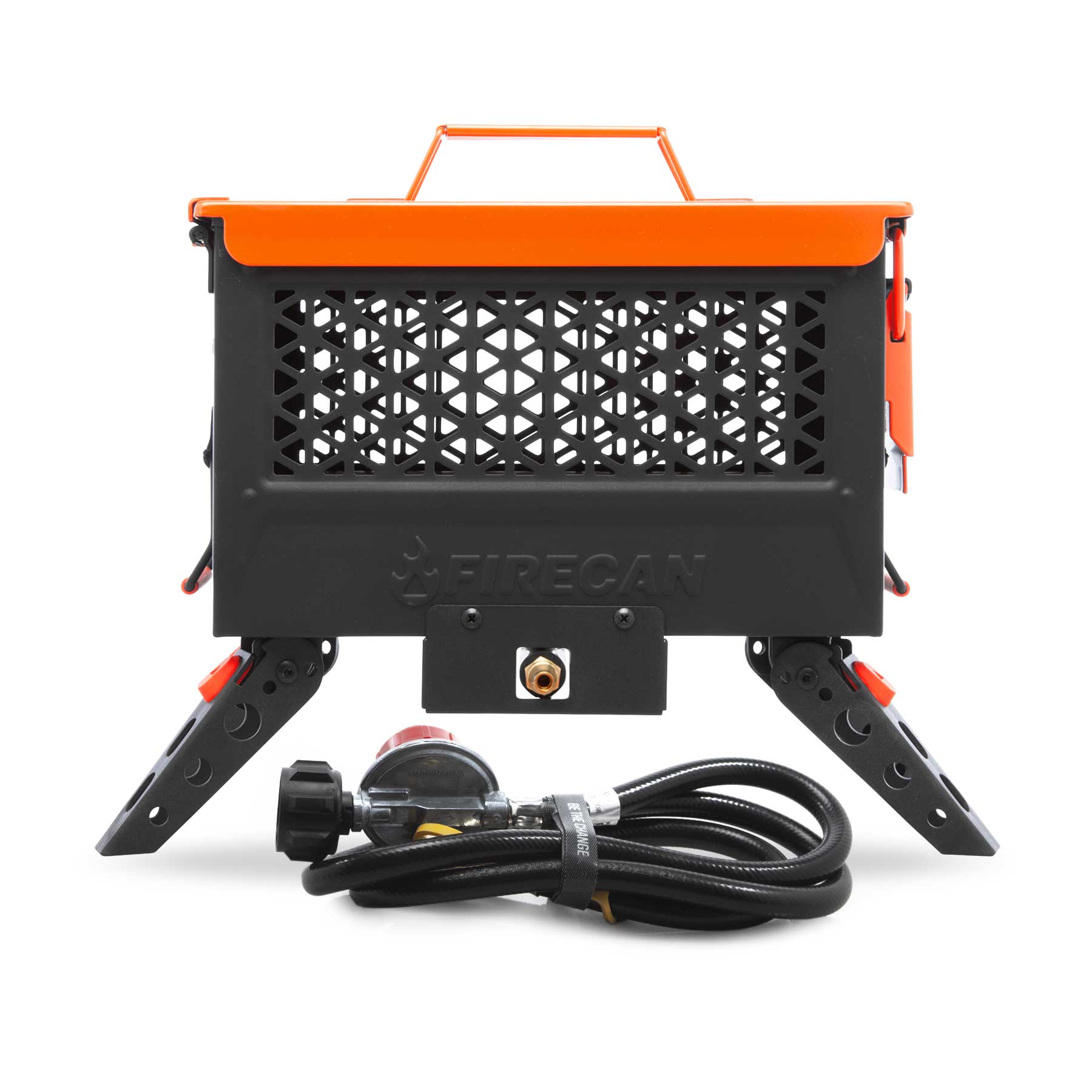 Ignik FireCan propane fire pit with folding legs and mesh sides.