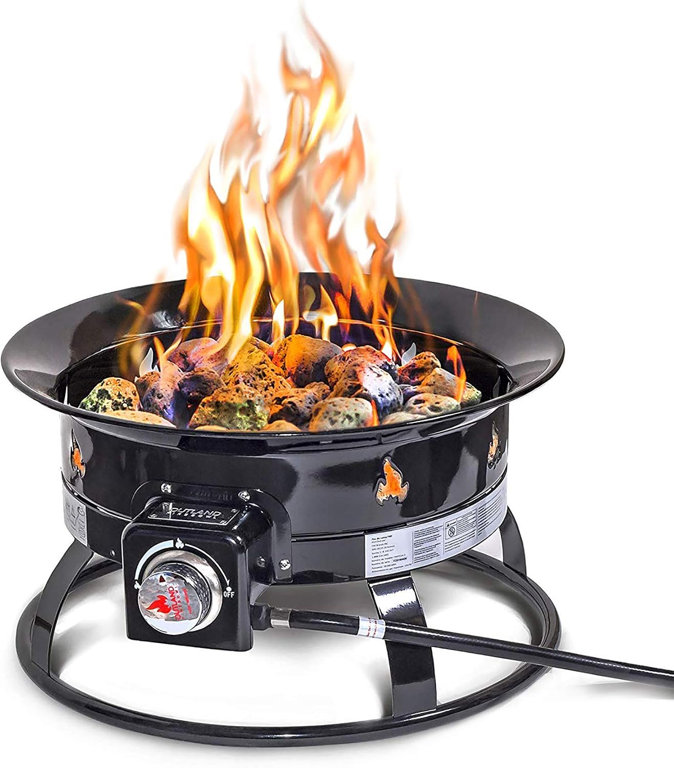 Outland Living 893 Deluxe round propane fire pit with its cover and carry kit.